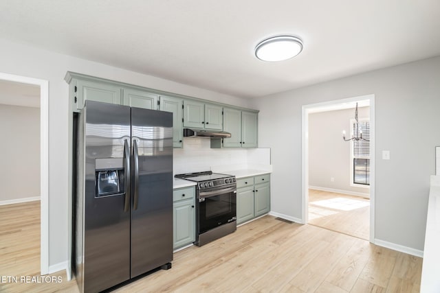 kitchen with decorative backsplash, stainless steel appliances, a notable chandelier, and light hardwood / wood-style floors