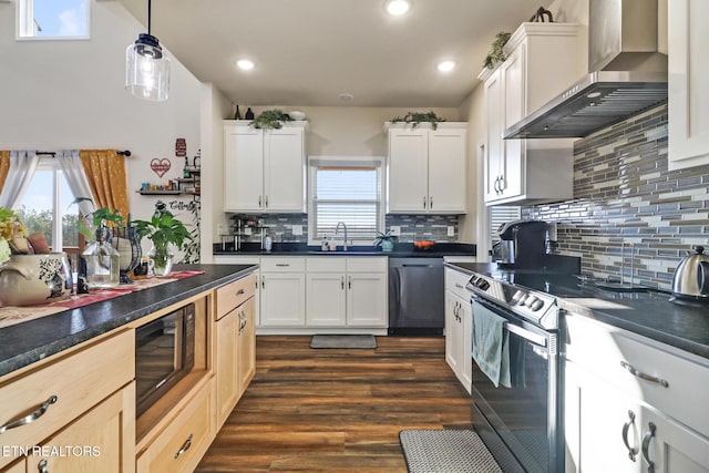 kitchen featuring white cabinetry, black microwave, range with electric cooktop, dishwasher, and wall chimney range hood