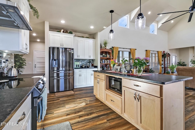 kitchen featuring white cabinets, backsplash, stainless steel appliances, and exhaust hood