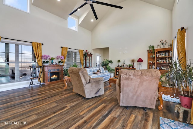 living room with ceiling fan, high vaulted ceiling, and dark hardwood / wood-style floors