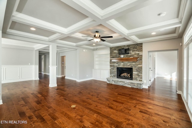330 Kendall Hunt St, Knoxville, TN 37934 - unfurnished living room featuring beam ceiling, a stone fireplace, ceiling fan, and coffered ceiling