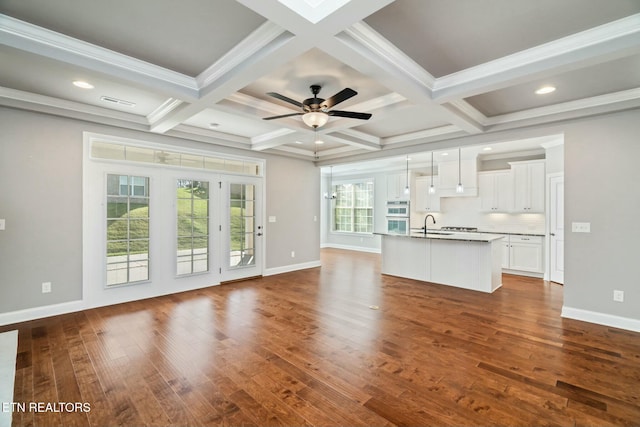 330 Kendall Hunt St, Knoxville, TN 37934 - unfurnished living room with beam ceiling, crown molding, dark hardwood / wood-style floors, and coffered ceiling