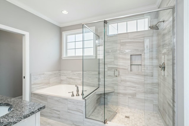 330 Kendall Hunt St, Knoxville, TN 37934 - bathroom featuring vanity, ornamental molding, and plus walk in shower