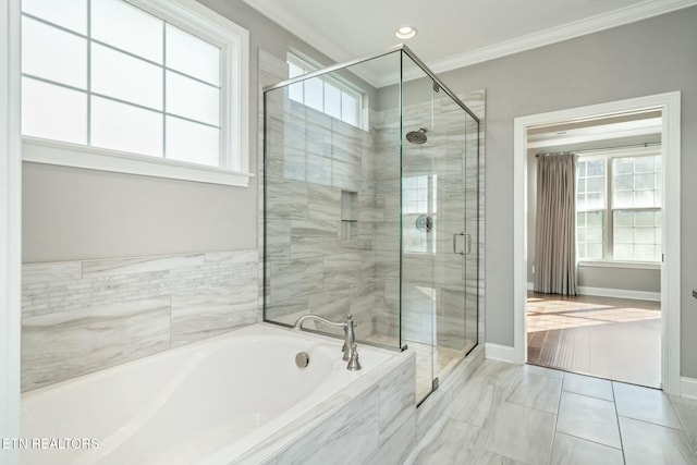 330 Kendall Hunt St, Knoxville, TN 37934 - bathroom featuring tile patterned floors, independent shower and bath, and ornamental molding