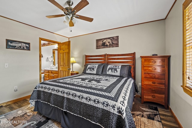 bedroom featuring hardwood / wood-style floors, ceiling fan, and ornamental molding