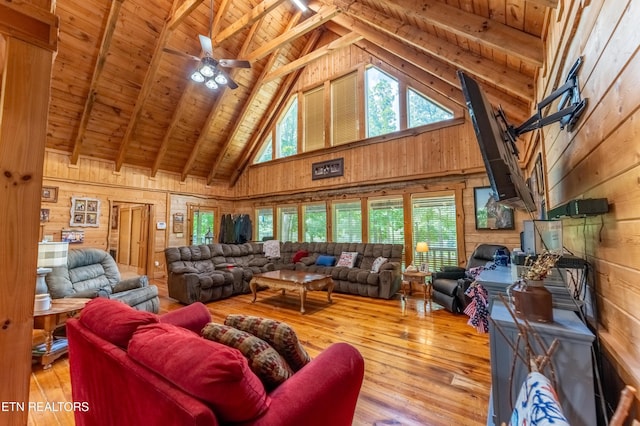 living room featuring beamed ceiling, wooden walls, and wooden ceiling