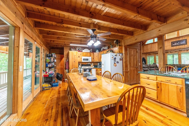 dining room featuring beam ceiling, ceiling fan, sink, light hardwood / wood-style flooring, and wood walls