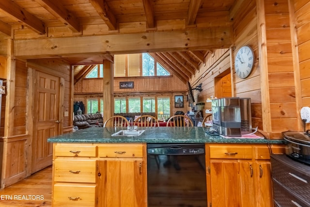 kitchen with sink, black dishwasher, wooden walls, and wood ceiling