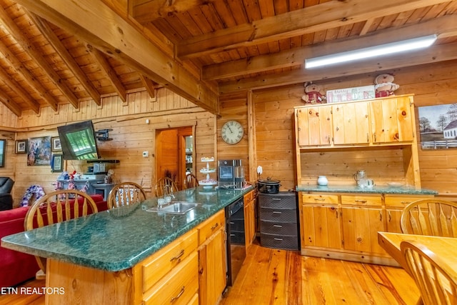 kitchen featuring a center island, wood walls, wooden ceiling, sink, and light wood-type flooring