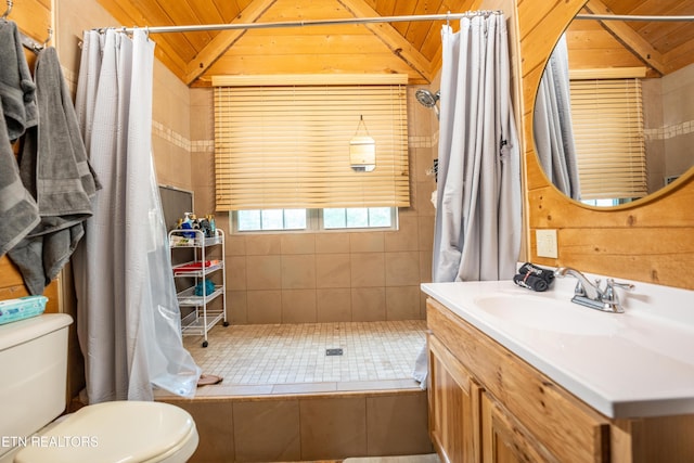 bathroom with a shower with curtain, wooden ceiling, lofted ceiling, and toilet