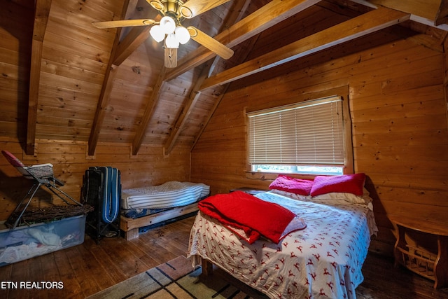 bedroom featuring dark hardwood / wood-style flooring, wood ceiling, ceiling fan, wooden walls, and vaulted ceiling with beams