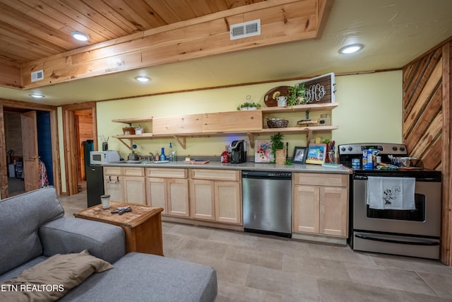 kitchen with wooden walls, light brown cabinetry, wood ceiling, and appliances with stainless steel finishes