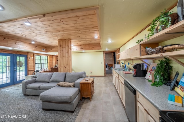 interior space with french doors, light hardwood / wood-style floors, stainless steel dishwasher, and wooden ceiling