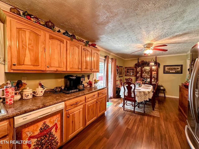 kitchen featuring dishwasher, a textured ceiling, dark hardwood / wood-style floors, and ornamental molding