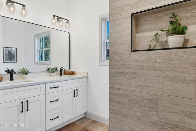 bathroom with vanity and hardwood / wood-style flooring