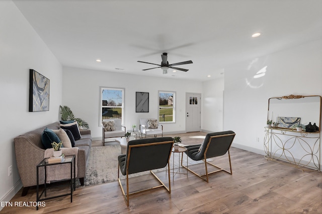 living room with ceiling fan and light wood-type flooring