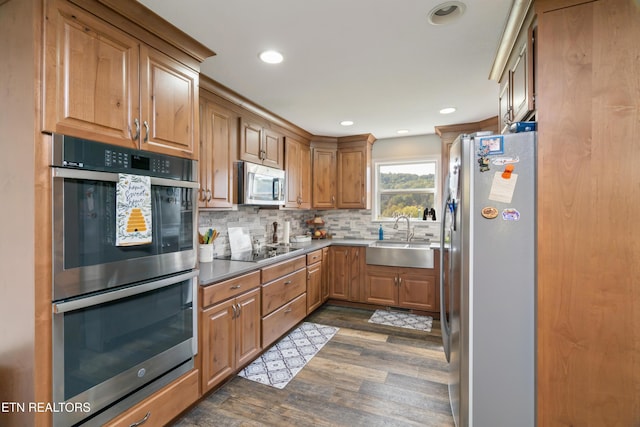 kitchen featuring backsplash, dark hardwood / wood-style floors, sink, and appliances with stainless steel finishes