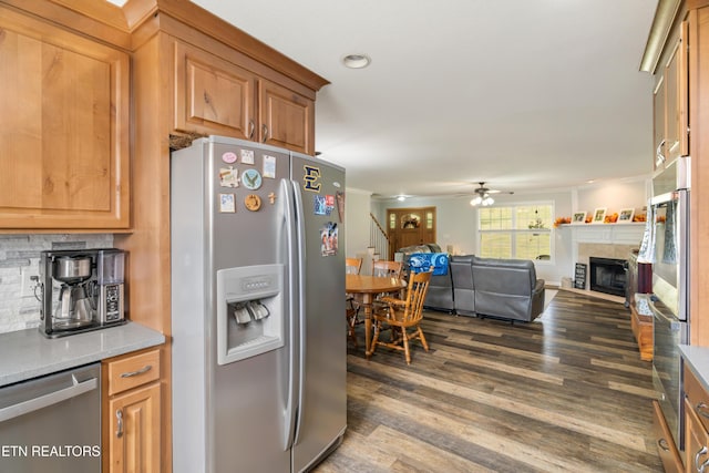 kitchen featuring ceiling fan, dark wood-type flooring, stainless steel appliances, decorative backsplash, and ornamental molding