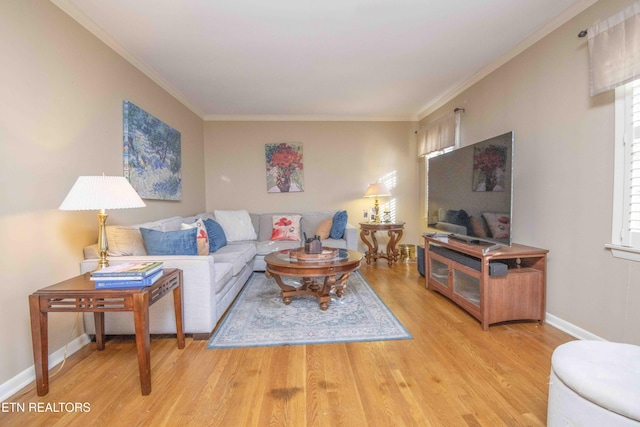 living room with light hardwood / wood-style flooring and ornamental molding