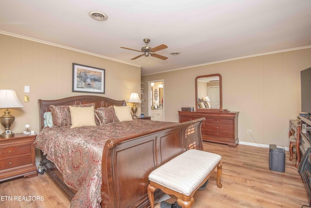 bedroom with light hardwood / wood-style floors, ceiling fan, and ornamental molding