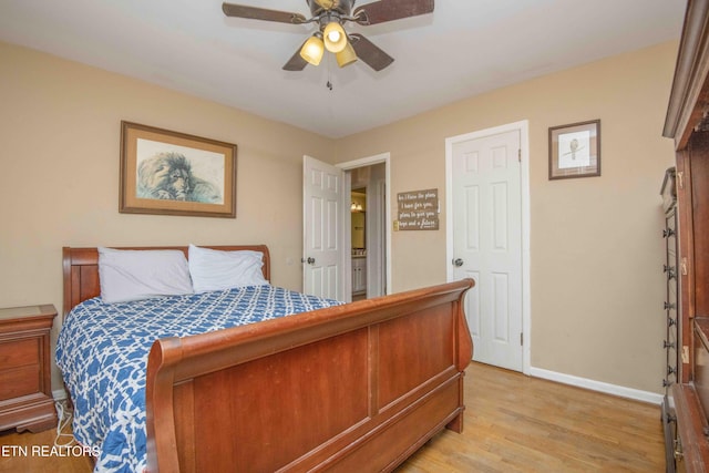 bedroom with ceiling fan and light hardwood / wood-style floors