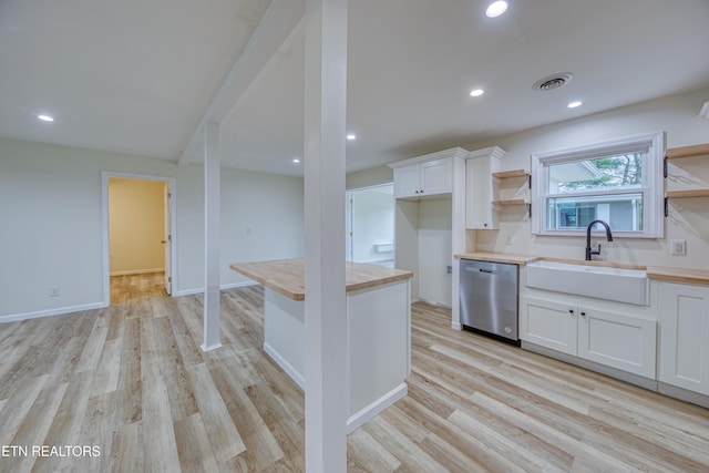 kitchen featuring stainless steel dishwasher, light hardwood / wood-style floors, white cabinetry, and sink