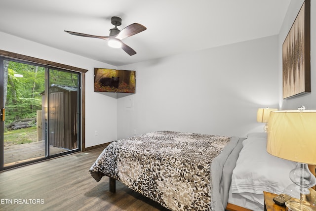 bedroom featuring hardwood / wood-style floors, ceiling fan, and access to exterior