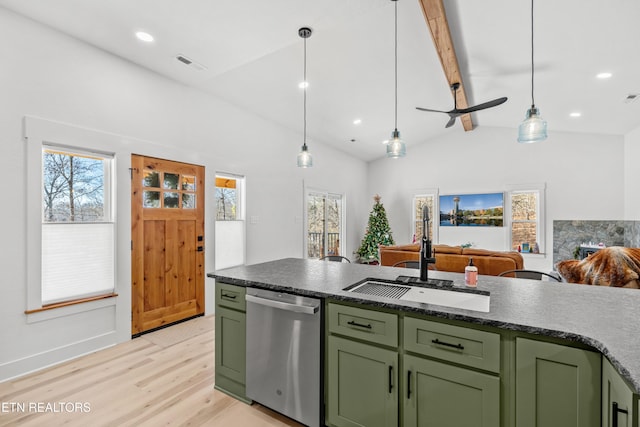 kitchen with dishwasher, lofted ceiling with beams, sink, hanging light fixtures, and green cabinetry