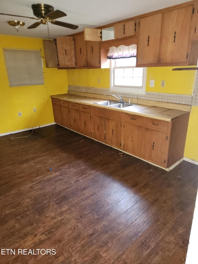 kitchen with ceiling fan, dark hardwood / wood-style floors, and sink