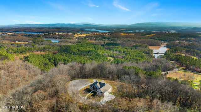 drone / aerial view featuring a water and mountain view