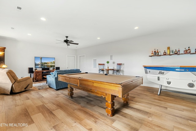 game room with ceiling fan, light hardwood / wood-style floors, and billiards