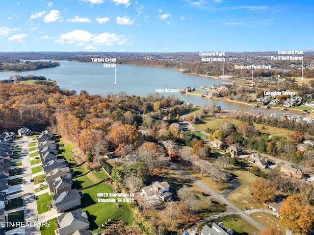 drone / aerial view featuring a water view