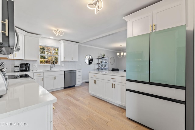 kitchen featuring white cabinetry, sink, light hardwood / wood-style flooring, stainless steel dishwasher, and decorative backsplash