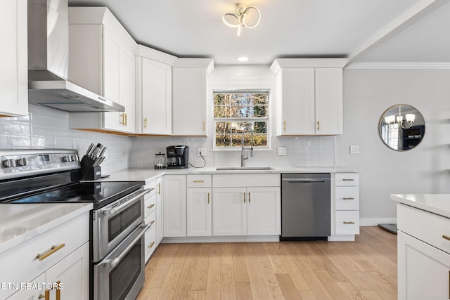 kitchen with appliances with stainless steel finishes, sink, white cabinetry, and wall chimney range hood