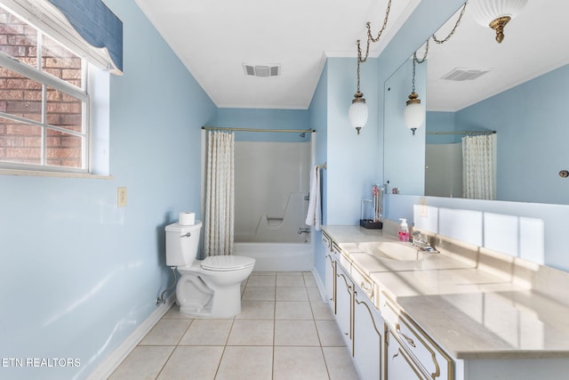 full bathroom with tile patterned floors, vanity, toilet, and shower / bathtub combination with curtain