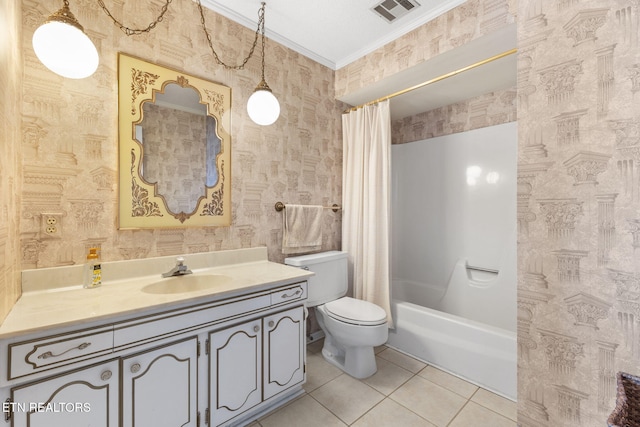 full bathroom featuring shower / bath combo, tile patterned floors, vanity, crown molding, and toilet