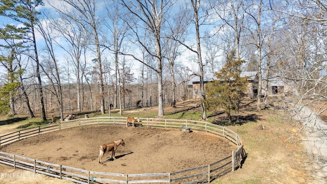 view of yard with an enclosed area, a rural view, and fence