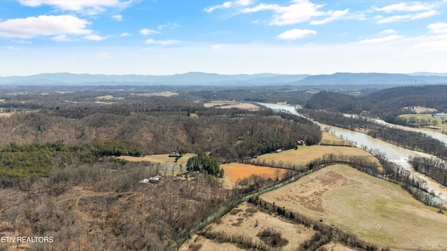 drone / aerial view with a rural view, a mountain view, and a view of trees