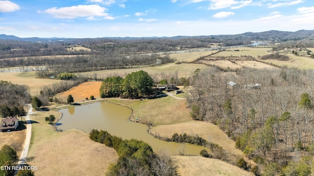 drone / aerial view with a water view and a rural view