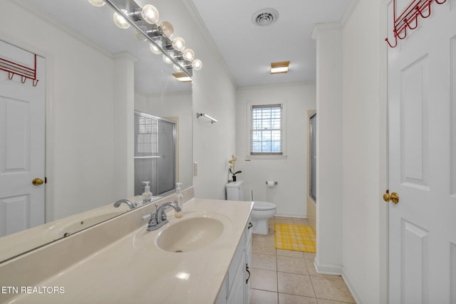 full bathroom featuring tile patterned flooring, enclosed tub / shower combo, toilet, vanity, and ornamental molding