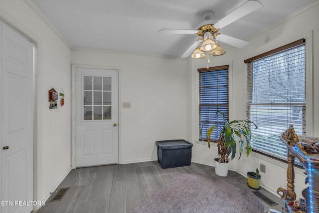 interior space featuring a wealth of natural light, crown molding, and a textured ceiling