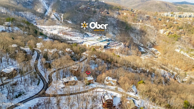 snowy aerial view featuring a mountain view