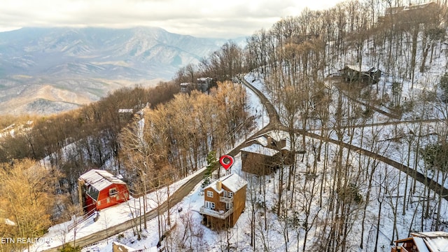 snowy aerial view featuring a mountain view