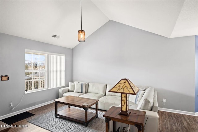 living room featuring wood-type flooring and lofted ceiling