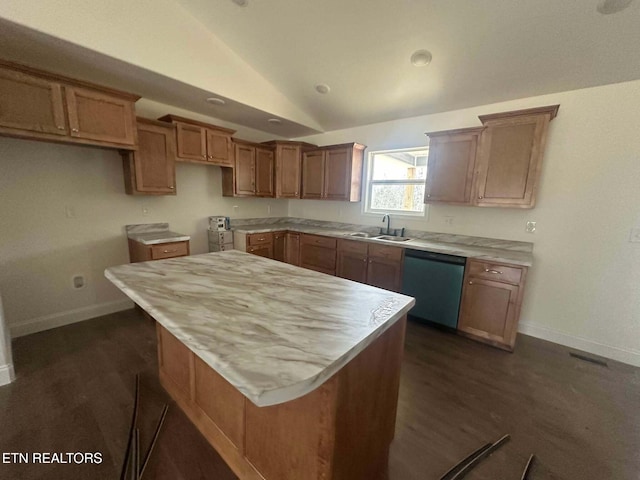 kitchen with vaulted ceiling, a center island, stainless steel dishwasher, and dark wood-type flooring