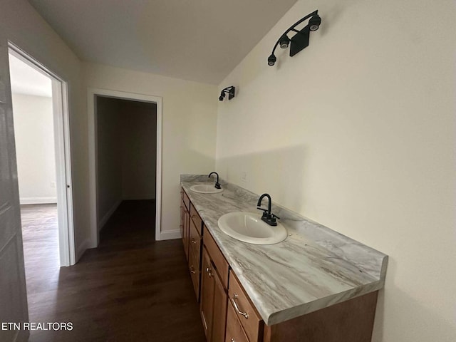 bathroom with vanity and wood-type flooring