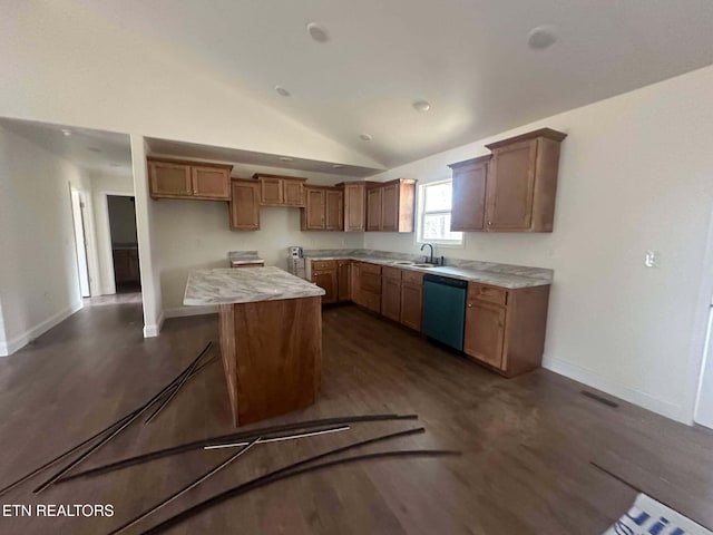 kitchen with dishwasher, a center island, dark wood-type flooring, sink, and vaulted ceiling