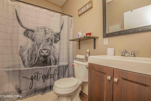 bathroom with vanity, a shower with shower curtain, and toilet