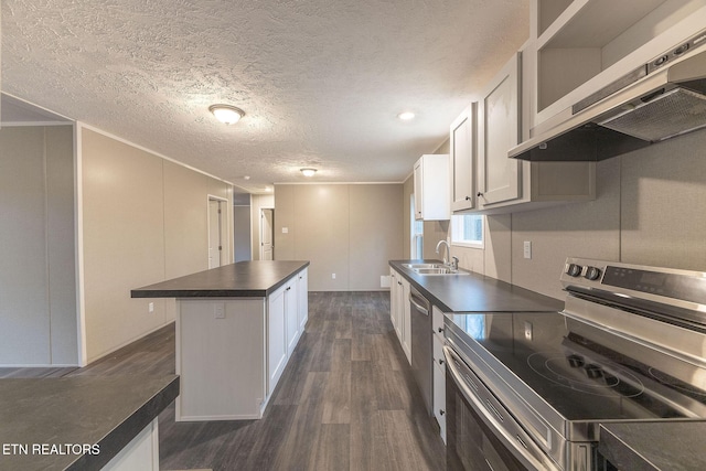 kitchen featuring exhaust hood, white cabinets, sink, appliances with stainless steel finishes, and a kitchen island