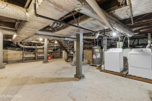 basement with electric water heater and separate washer and dryer